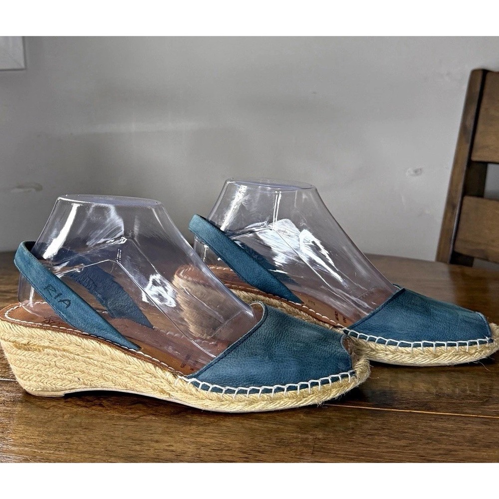 RIA MENORCA Wedge Jute Sandals Blue Leather Slingback Sz 38 US 7.5 $149
